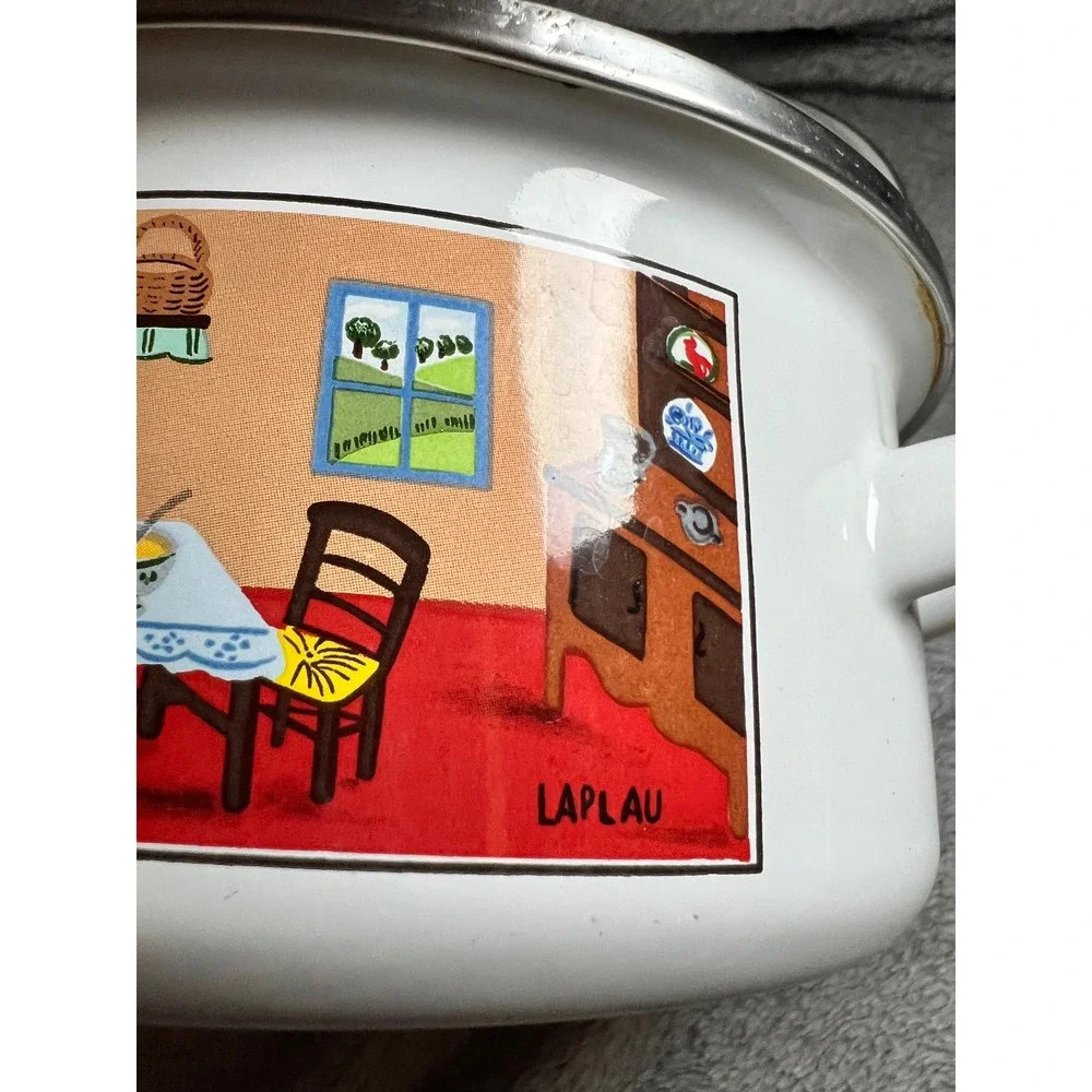 Villeroy & Boch Naif‎ Enamel Pot w/ Lid Double Handle Folk Art Laplau Germany